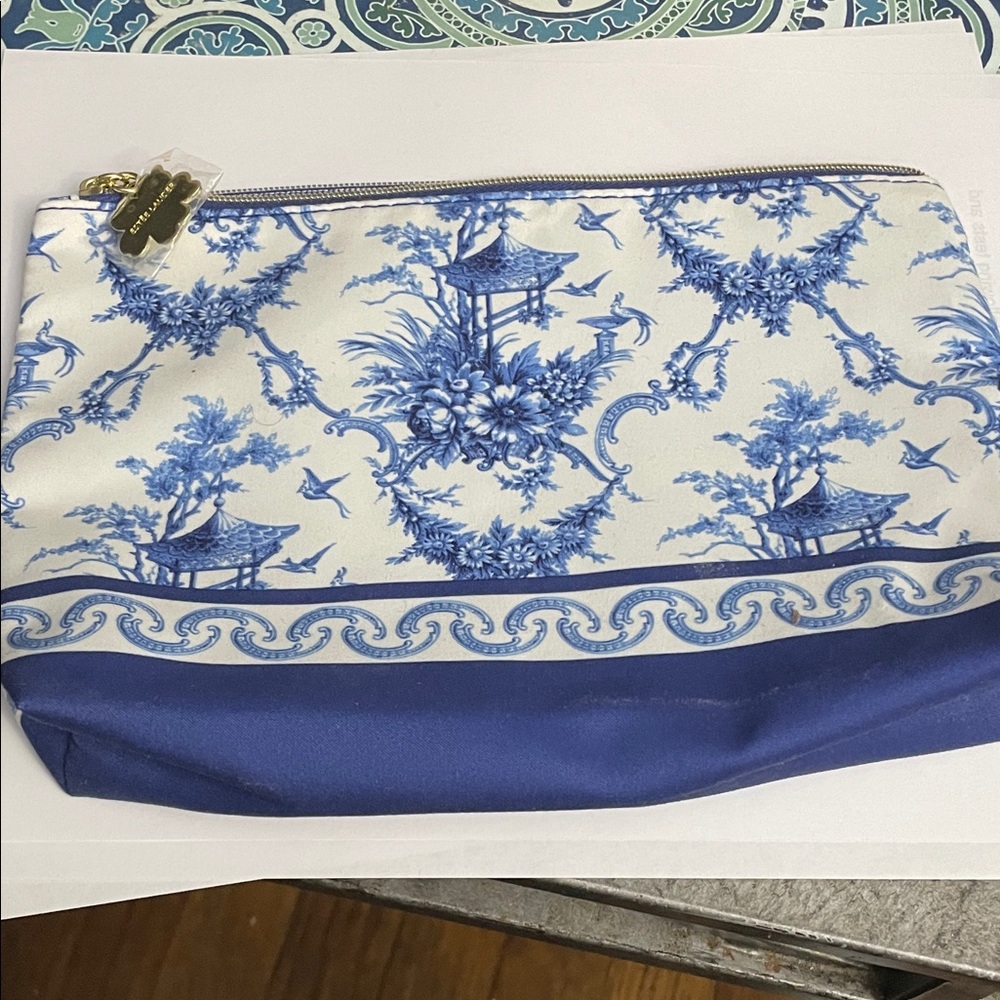 Estee Lauder Blue & Gold Floral Toile Cosmetic Pouch